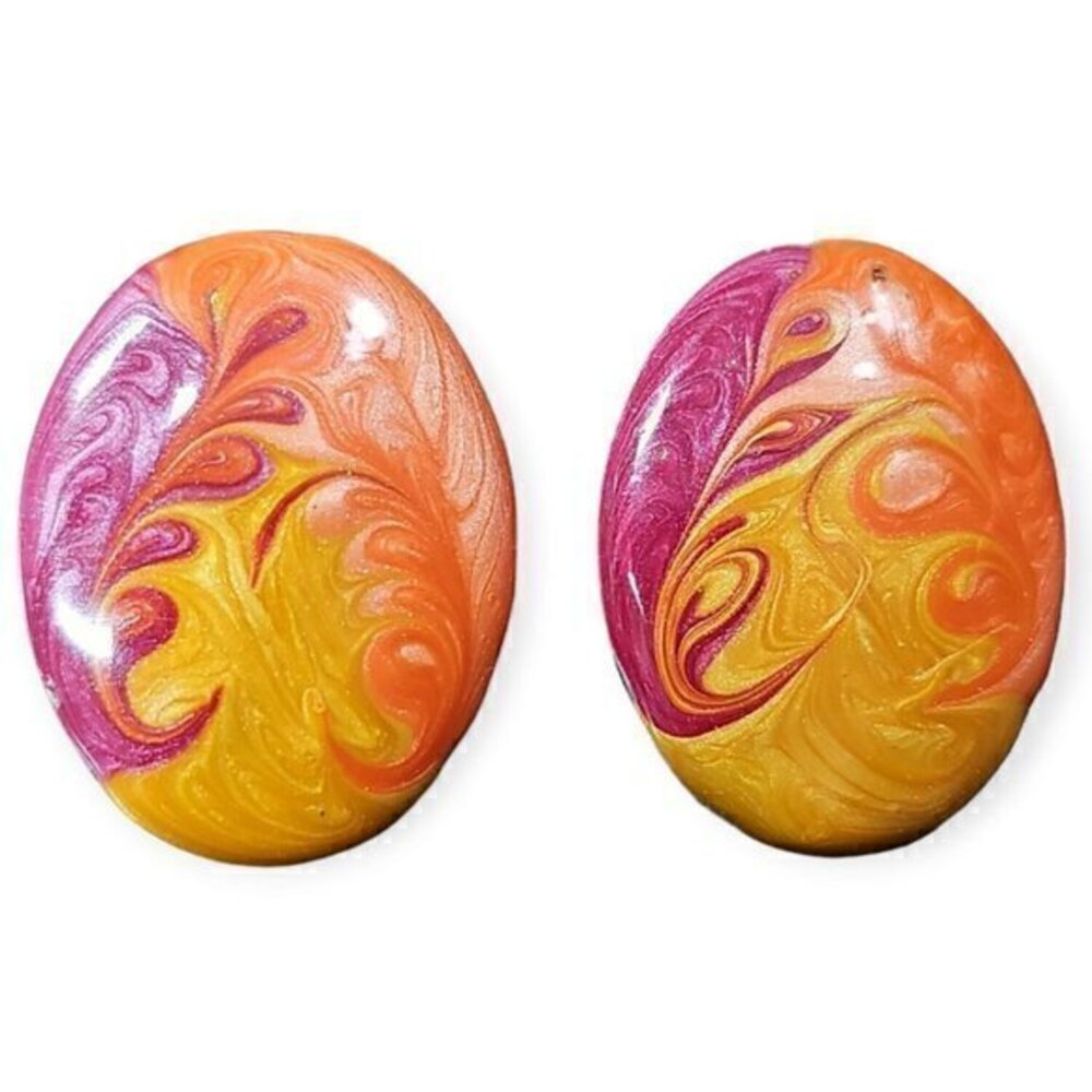 Vintage Tie Dye Orange‎ Purple Gold 1 Inch Oval Stud Earrings